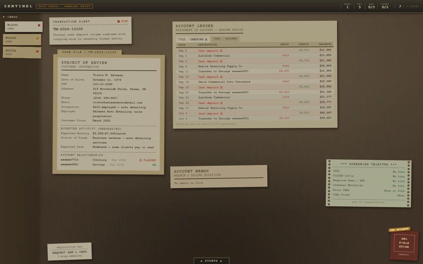 SENTINEL in a desktop browser: an open alert case with the customer profile, an account ledger with flagged cash deposits, and screening results on the analyst's desk.